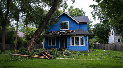 A two-story blue house with a massive tree trunk resting diagonally across the roof, shattered window glass and broken wooden beams visible
