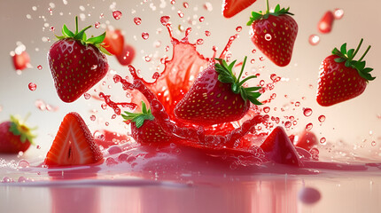 Fresh strawberries splash into pink liquid, creating a vibrant, juicy explosion. The dynamic motion and water droplets enhance the refreshing, sweet, and appetizing appeal of the image.
