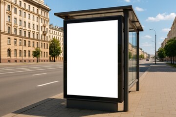Urban Advertising: Blank Billboard at City Bus Stop for Public Announcement mockup.