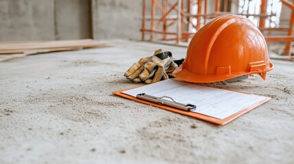 An overhead shot captures the tools of the trade – a bright orange helmet, work gloves, and a clipboard with a blueprint – on the rough surface of a construction site.