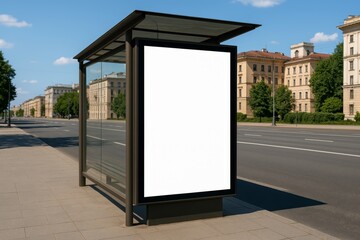 Blank Advertisement Billboard Mockup at Bus Stop along City Street Offers Urban Display