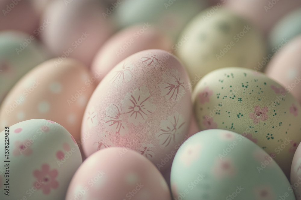 Poster close-up of pastel-colored easter eggs with floral patterns, showcasing a delicate and spring-like a