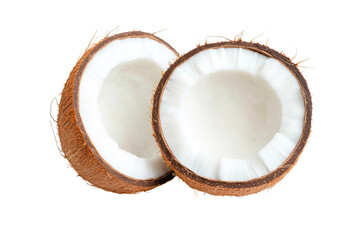 Fresh halved coconut with brown shell and white flesh on black background, cut out