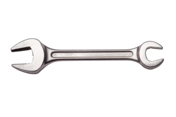 Metal double-ended wrench tool with open and boxed ends on white background, cut out
