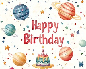 Space Birthday Card with Galaxy Cake. Cosmic Birthday Party Illustration. Outer Space Birthday Celebration Design. Colorful birthday celebration with planets.