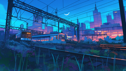 Fototapeta premium 昭和アニメ風の夜景イラスト｜月夜の都市鉄道と架線が織りなす幻想的構図｜ネオンが光る静かな街の夜を切り取ったアート素材｜ブルートーンが美しい都市風景
