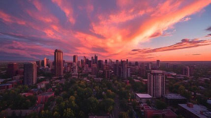 Obraz premium A vibrant sunset paints the city skyline with fiery hues creating a breathtaking panoramic view of urban architecture and nature.