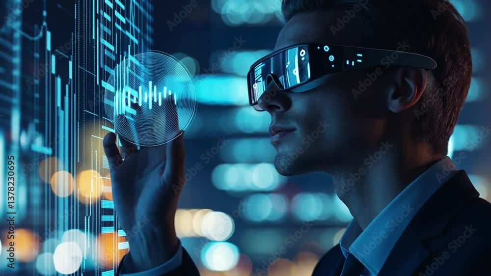 Poster man using augmented reality glasses interacting with holographic interface in city