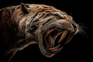 A Smilodon (saber-toothed tiger) snarling, its massive fangs and thick fur illuminated in dramatic lighting, ultra-detailed close-up, deep black background, National Geographic prehistoric portrait