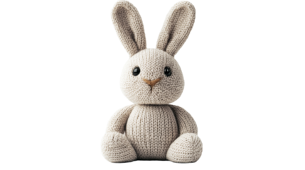 Knitted bunny toy, charming, cozy, on black background, cut out transparent