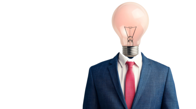 Businessman with lightbulb head isolated on black, cut out transparent