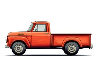 Classic Vintage Pickup Truck Illustration in Bright Orange Color with Clean Lines and Side Profile View