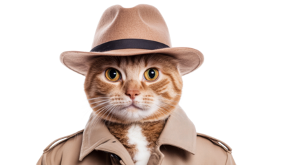 Ginger cat detective in trench coat and hat, cut out transparent