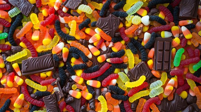 Table filled with Halloween snacks including gummy worms candy corn and chocolate treats