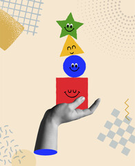 Funny shape cartoon and hand in retro collage vector illustration