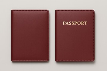 Two elegant maroon passport holders: one blank, one with the word "PASSPORT" in gold.