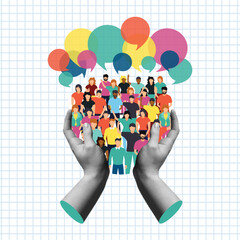 Human hands hold a diverse group of people talking in retro collage illustration