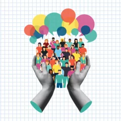 Human hands hold a diverse group of people talking in retro collage illustration © Cienpies Design
