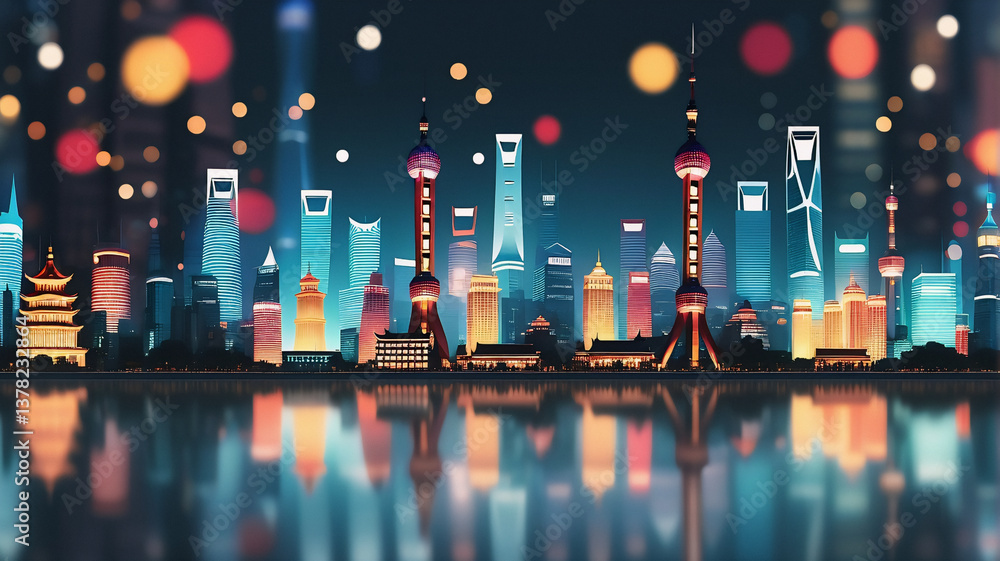 Aufkleber vibrant cityscape at night, featuring towering buildings illuminated with colorful lights. reflectio