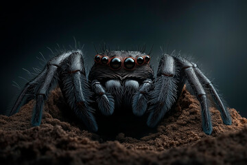 A trapdoor spider emerging from its burrow, fine hairs covering its dark body, sharp fangs gleaming in the light, hyperrealistic close-up, dark background, National Geographic aesthetic