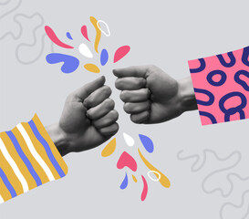 Best friend concept fist bump hands in retro collage vector illustration