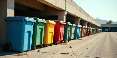 Row of old plastic bins in a deserted car park, neglected area, car park