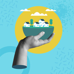 Hand holding a green environment city in retro collage vector illustration