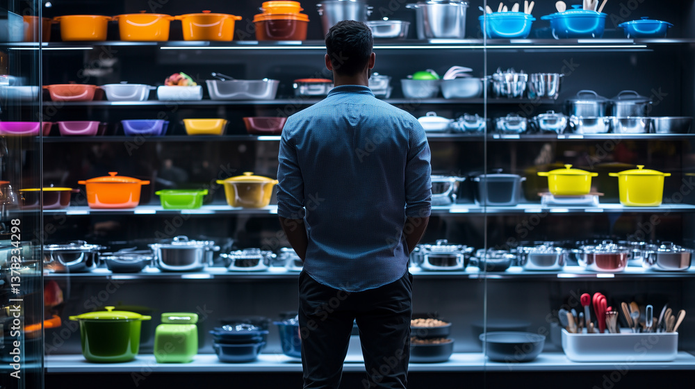 Aufkleber a man standing in front of a large display shelf filled with colorful kitchenware and cookware, dres