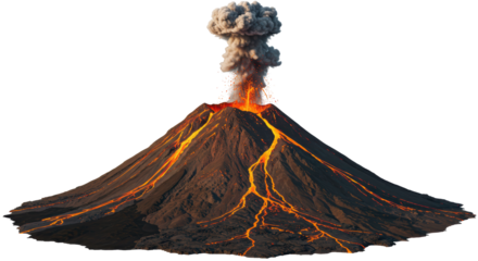 Isolated Erupting Volcano with Lava Flow and Ash Cloud