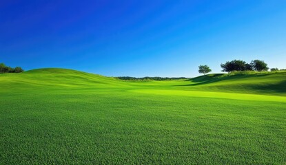 Expansive golf course under a vibrant blue sky. Lush green fairways and gentle hills create a tranquil landscape