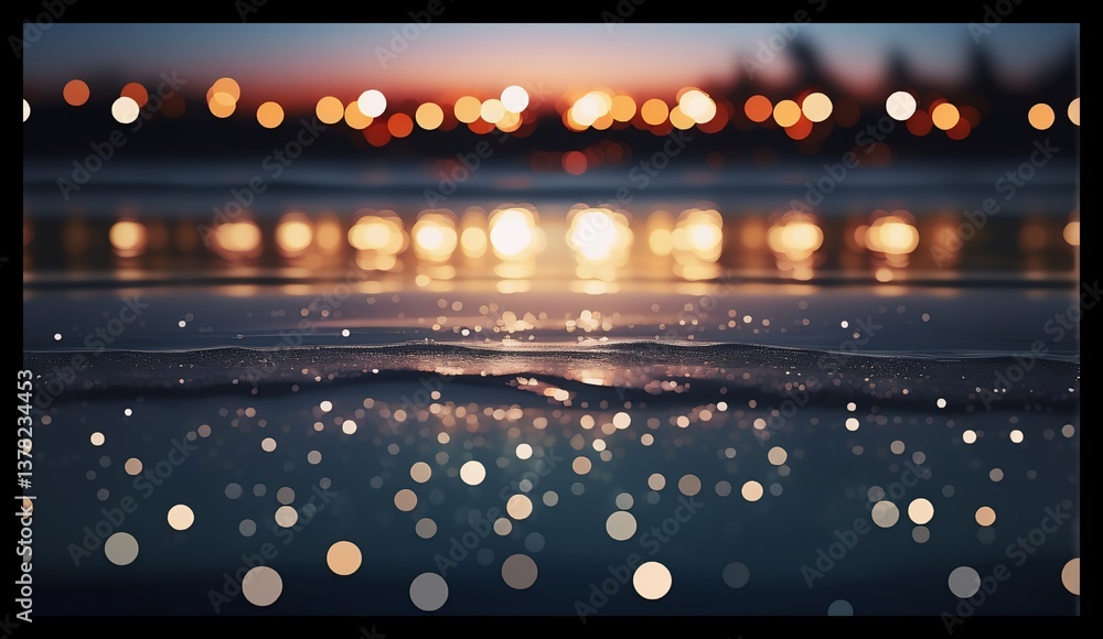 Poster soft bokeh lights reflect on a dark wet surface, creating a dreamy, tranquil ambiance. the blurry sc