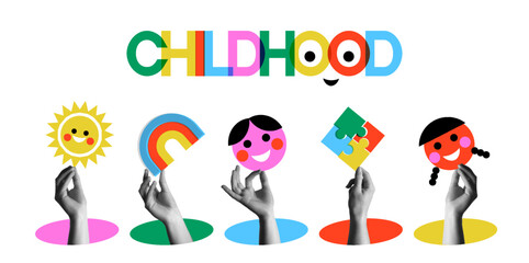Set of childhood icons concept and human hands in retro collage illustration
