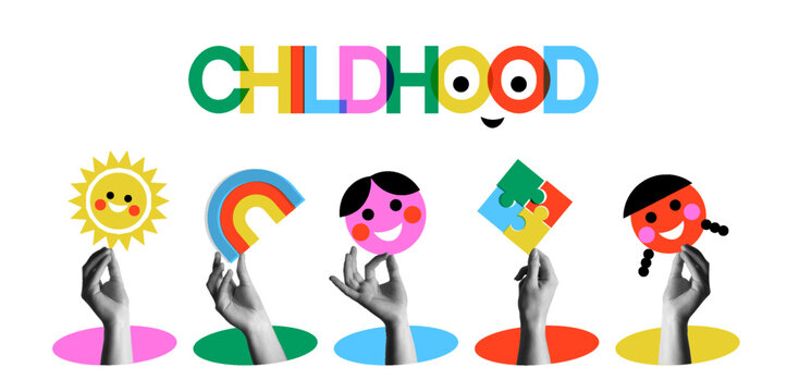 Set of childhood icons concept and human hands in retro collage illustration