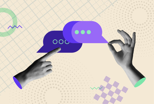 Talk message bubble chat icon and hands in retro collage vector illustration