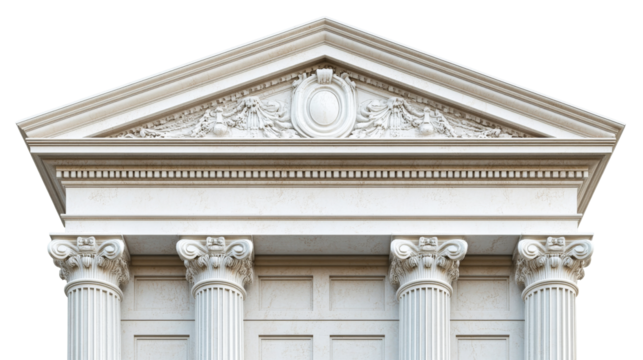 Ancient architecture facade with pillars and decoration, cut out transparent