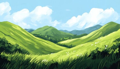 Fototapeta premium Lush green hills under a vibrant blue sky (1)