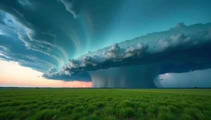 Supercell storm rolling over Lithuanian countryside, dark clouds, storm