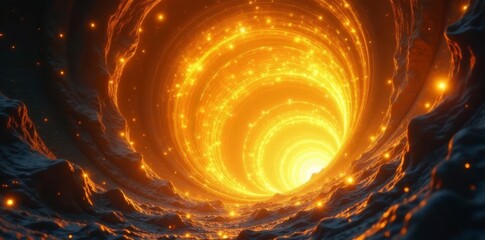Swirling yellow gold light vortex with glowing rays, bursting through a wormhole , galaxy, trail