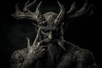 Cernunnos, the Celtic god of nature and fertility, with majestic antlers, deep green eyes, and intricate tattoos covering his chest, hyperrealistic textures, dark moody background, National Geographic
