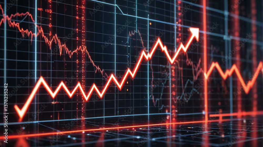 Poster a vibrant red line graph sharply ascends against a dark backdrop with a grid, visually representing 