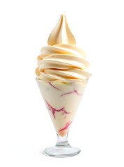 A delightful vanilla ice cream parfait with red berry swirls, presented in a elegant glass, is ready to enjoy.