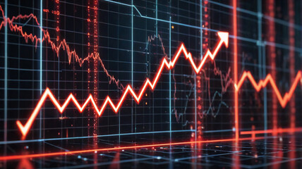 A vibrant red line graph sharply ascends against a dark backdrop with a grid, visually representing significant growth and a positive upward trajectory.