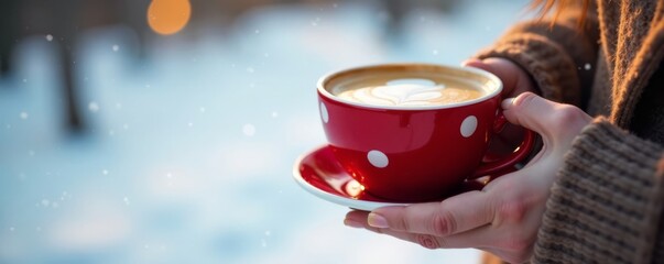 Warm woman's hand cradles polka dot red cup with frothy cappuccino on snowy winter scene , cozy, cup