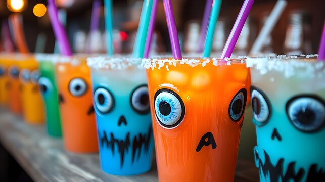 DIY Halloween punch with floating fake eyeballs and themed straws in spooky cups