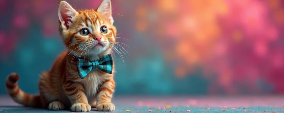 Whiskered feline in bow tie sits on colorful background, colorful backdrop, feline