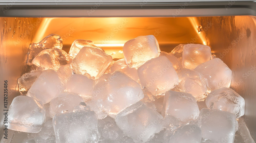 Poster close-up of ice cubes in an ice machine. the clear ice cubes create a contrast against the dim inter