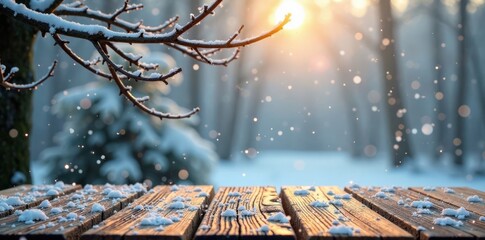 Wooden table top with snowflakes gently falling amidst bare branches of a winter tree, snowy, festive