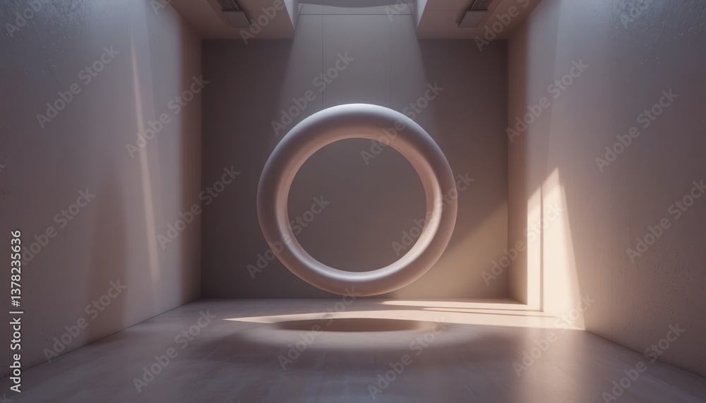 Poster floating circular sculpture modern art gallery 3d render minimalist environment centered view contem