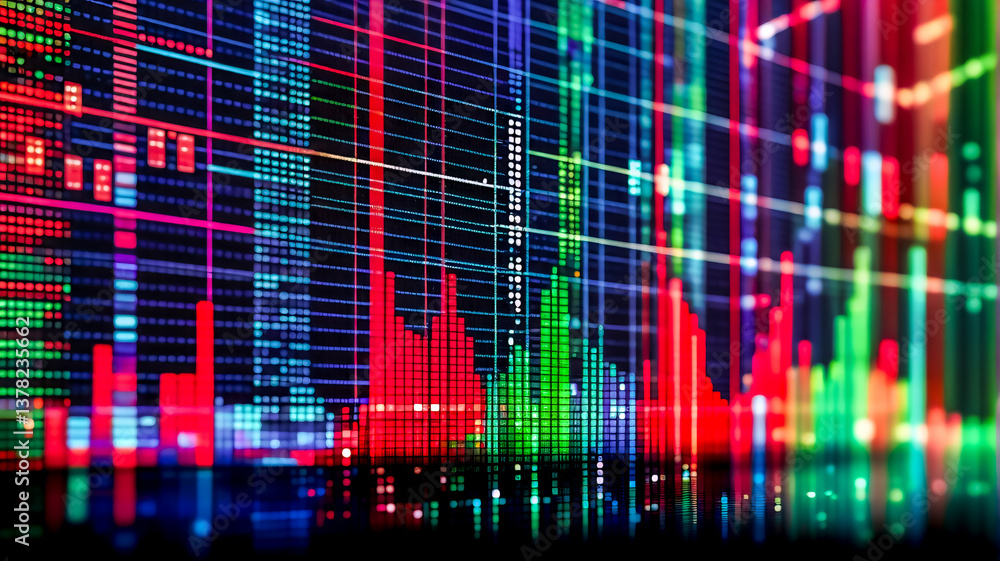 Poster bright screen displays vibrant digital data as colorful vertical lines and bar graphs. dynamic visua