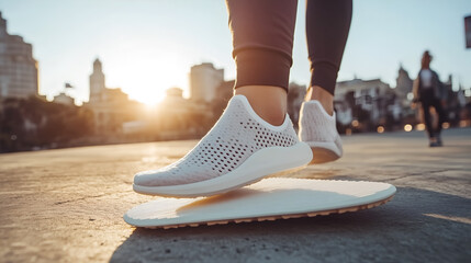 Naklejka premium a person wearing a white sport shoe on a balance board on a sunny day in city